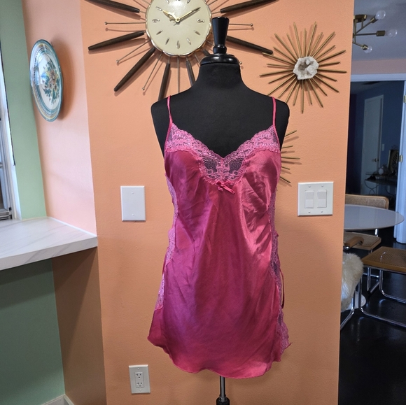 Vintage Y2K Pink Slip Dress Pink Lace Trim Chemise Satin Feminine Baddie 2000s - Picture 11 of 15